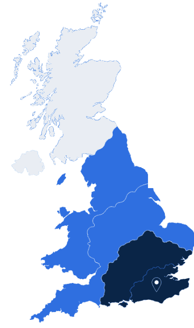 Map of England showing Nimbus coverage — Berkshire and the Thames Valley, the South East, and wider Englain