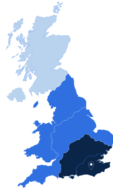 Map of the United Kingdom showing Nimbus coverage tiers — South East England, England, and Great Britain